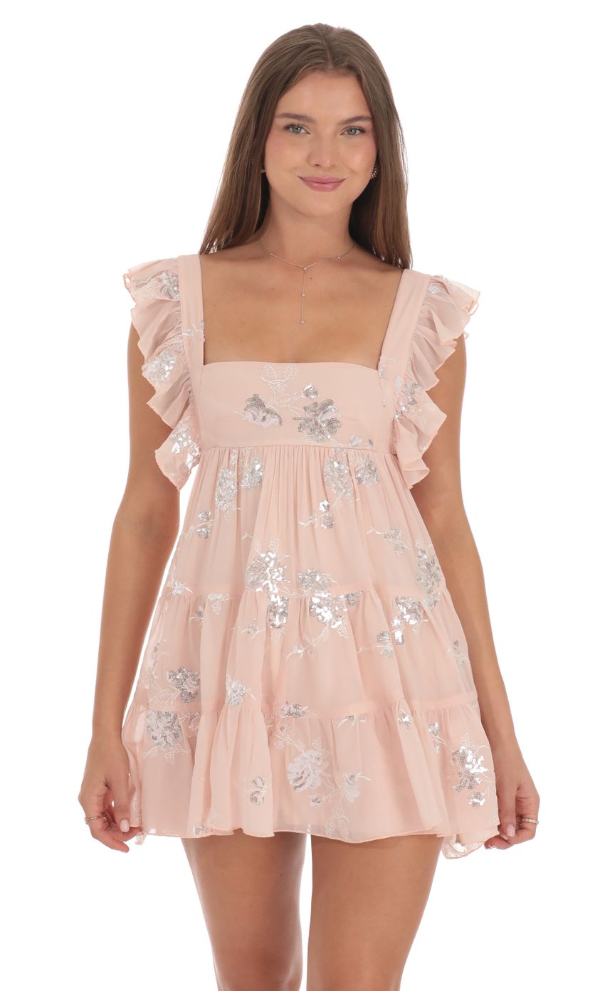 Picture Ruffle Strap Sequin Babydoll Ruffle Dress in Peachy Pink. Source: https://media-img.lucyinthesky.com/data/Oct24/850xAUTO/950f1b72-2e49-49c3-8916-ef5992b1a09a.jpg