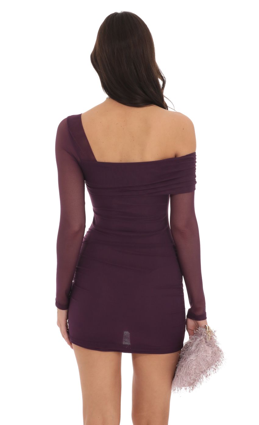 Picture Mesh One Off Shoulder Long Sleeve Dress in Purple. Source: https://media-img.lucyinthesky.com/data/Oct24/850xAUTO/9633b252-9e7f-4623-8ff3-55d6ebfa67dc.jpg