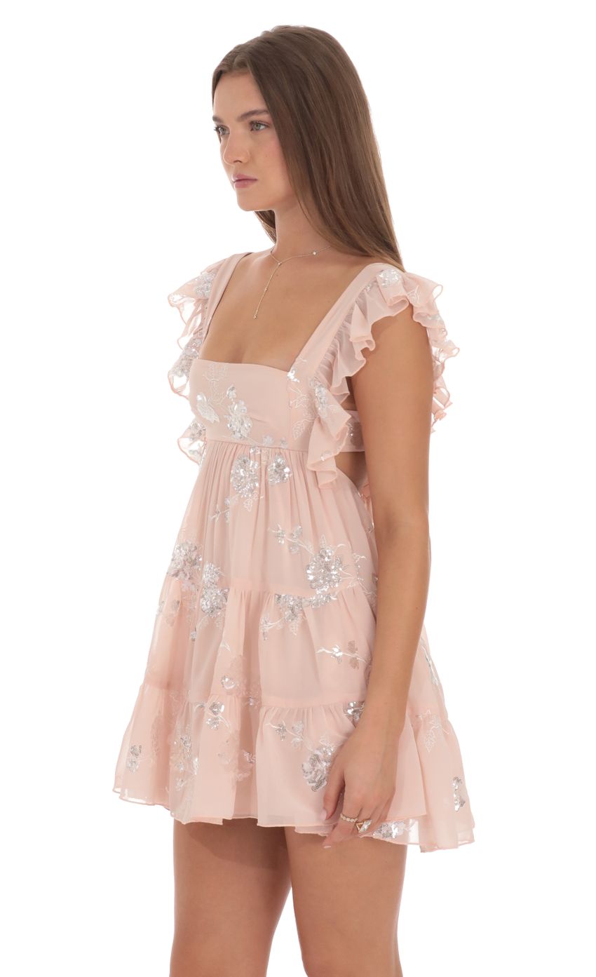 Picture Ruffle Strap Sequin Babydoll Ruffle Dress in Peachy Pink. Source: https://media-img.lucyinthesky.com/data/Oct24/850xAUTO/a10e8b15-3cfa-4fd6-9eaf-665167141374.jpg