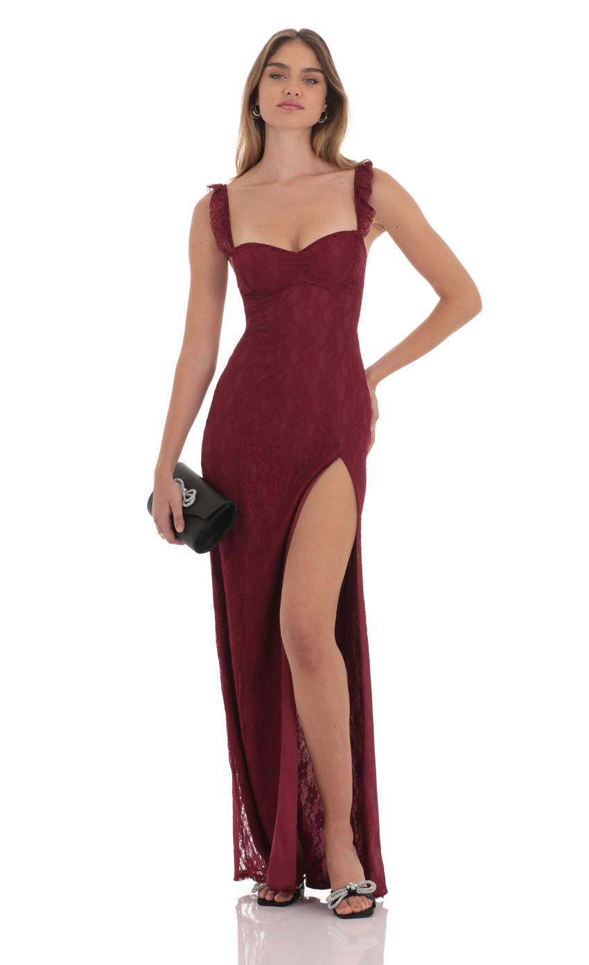 Picture Lace Ruffle Sleeve Maxi Dress in Wine. Source: https://media-img.lucyinthesky.com/data/Oct24/850xAUTO/a67a5654-1339-4e1e-81e7-b09c5d200b06.jpg