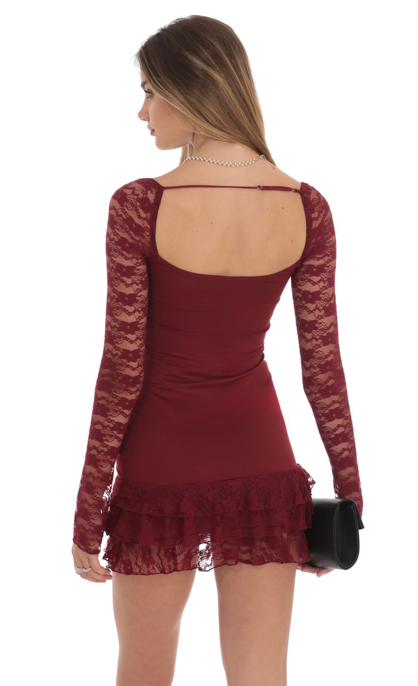 Picture Lace Ruffle Bodycon Dress in Maroon. Source: https://media-img.lucyinthesky.com/data/Oct24/850xAUTO/b7608d6a-fdef-4e6f-9b5b-5dbc88b2a076.jpg