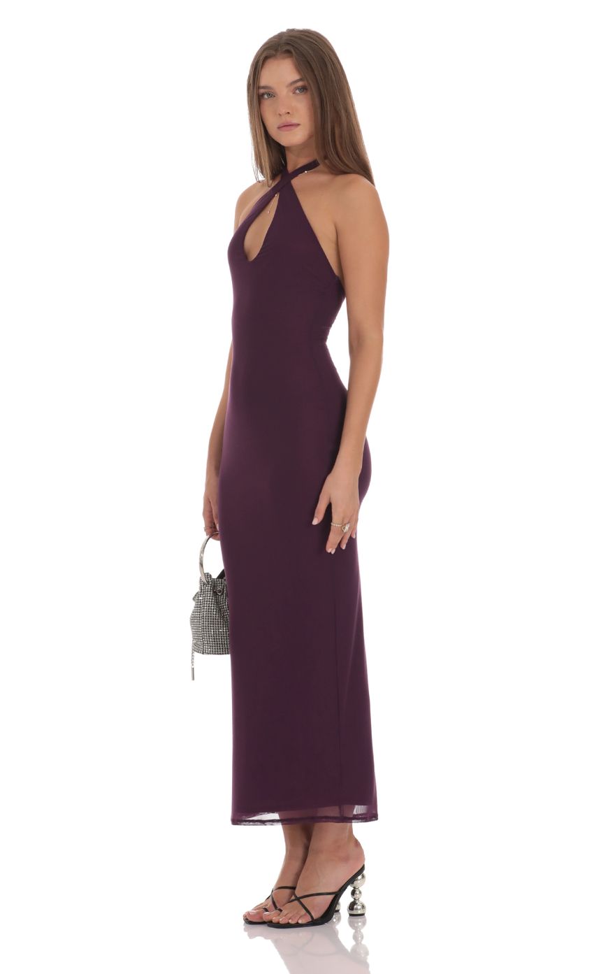 Picture Halter Bodycon Maxi Dress in Purple. Source: https://media-img.lucyinthesky.com/data/Oct24/850xAUTO/c3c88653-787f-477d-bbb5-49ef5b80e02f.jpg