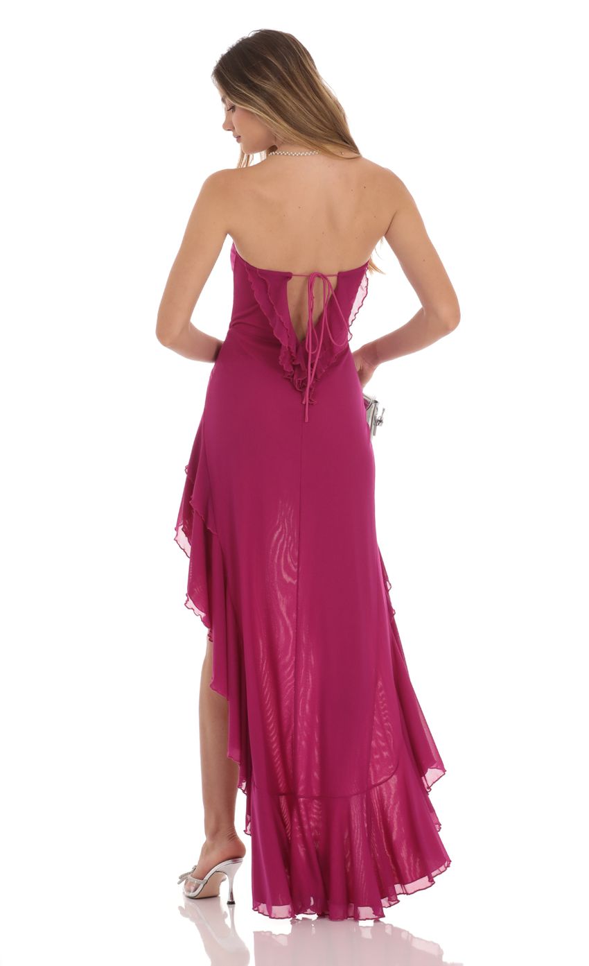 Picture Strapless Mesh High Low Dress in Magenta. Source: https://media-img.lucyinthesky.com/data/Oct24/850xAUTO/d47d31a4-d472-4729-bfb4-76c44f52a541.jpg