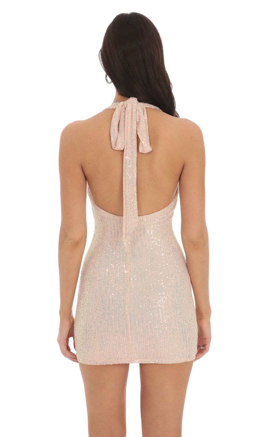 Picture Iridescent Sequin Halter Dress in Champagne Cream. Source: https://media-img.lucyinthesky.com/data/Oct24/850xAUTO/da9f813a-7e27-48ed-b094-d3eb0053093e.jpg