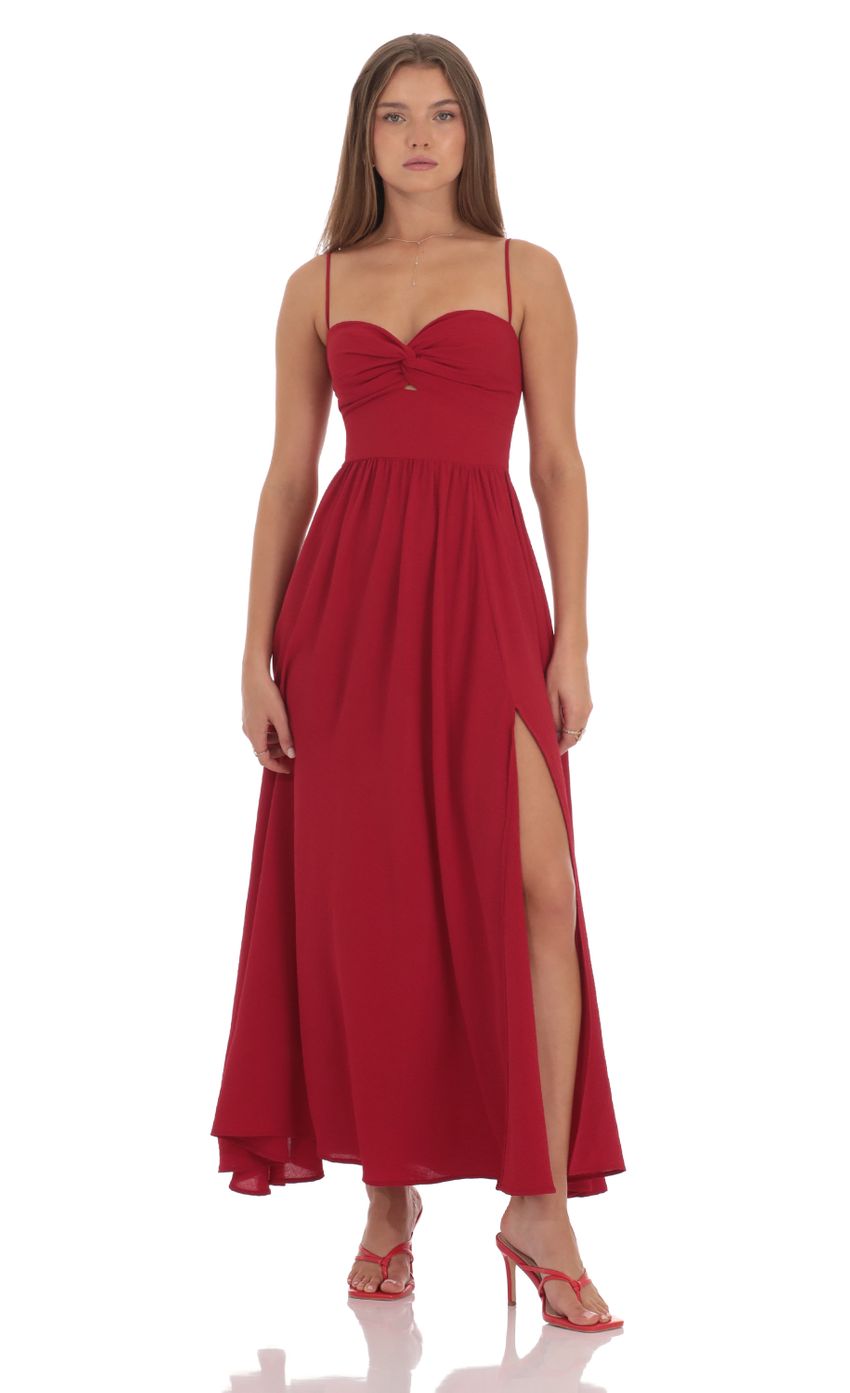 Picture Front Twist Midi Dress in Red. Source: https://media-img.lucyinthesky.com/data/Oct24/850xAUTO/de7816cb-1ad2-4b40-890a-c4bf9e057d1f.jpg