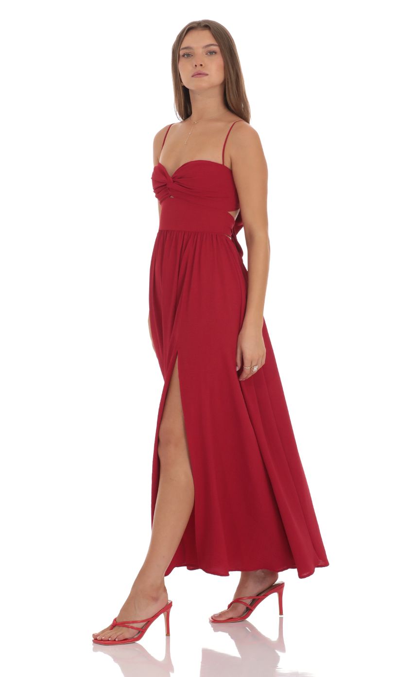 Picture Front Twist Midi Dress in Red. Source: https://media-img.lucyinthesky.com/data/Oct24/850xAUTO/f3d8583c-db13-460f-9630-e227a3dedf48.jpg