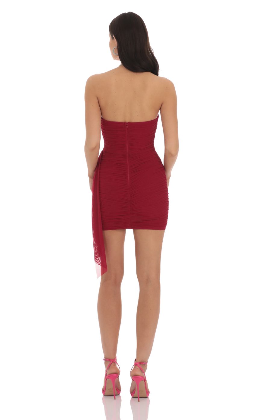 Picture Mesh Draped Strapless Dress in Maroon. Source: https://media-img.lucyinthesky.com/data/Oct24/850xAUTO/f3df41a1-9023-4633-b845-a16148fe165b.jpg