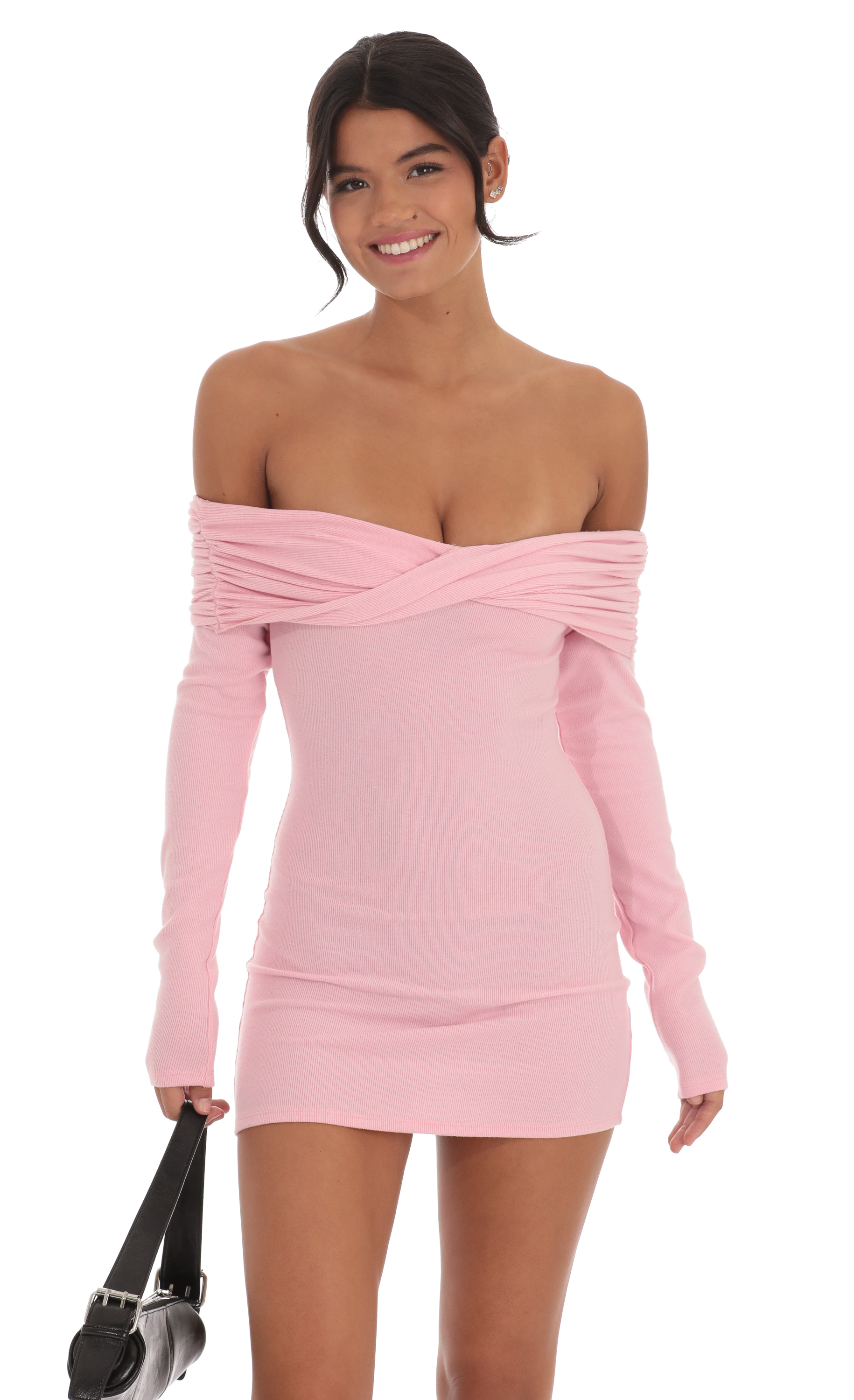 pink off the shoulder knit dress Alivya Off-Shoulder Knit Mini Dress Pink