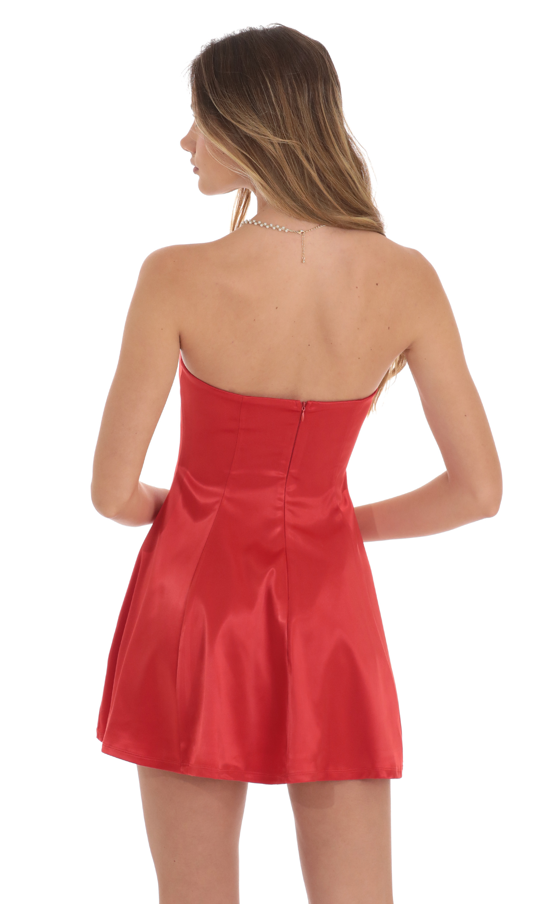 Strapless Satin Fit and Flare Dress in Red | LUCY IN THE SKY Strapless Satin Fit and Flare Dress in Red | LUCY IN THE SKY