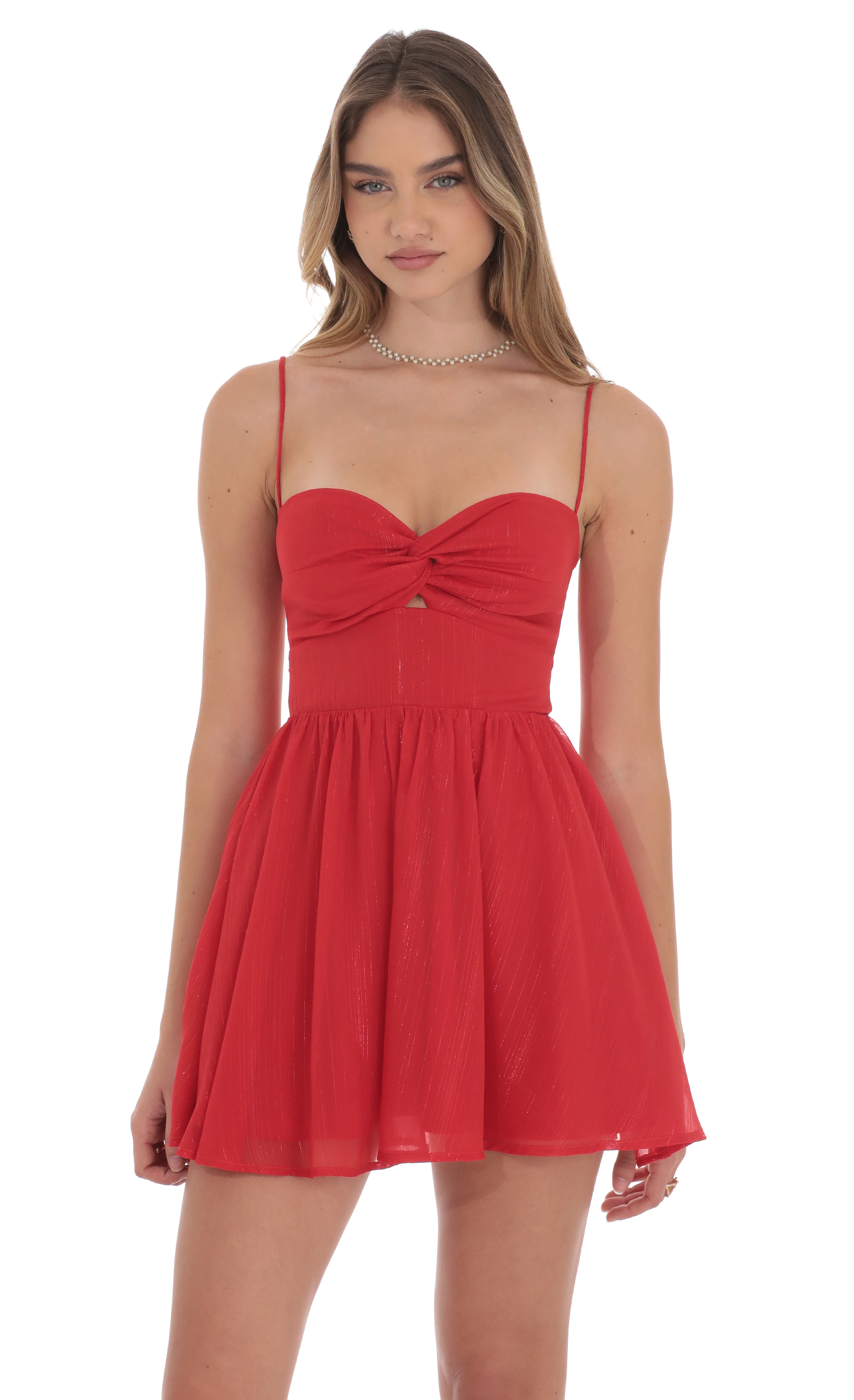 Shimmer Front Twist A-line Dress in Red