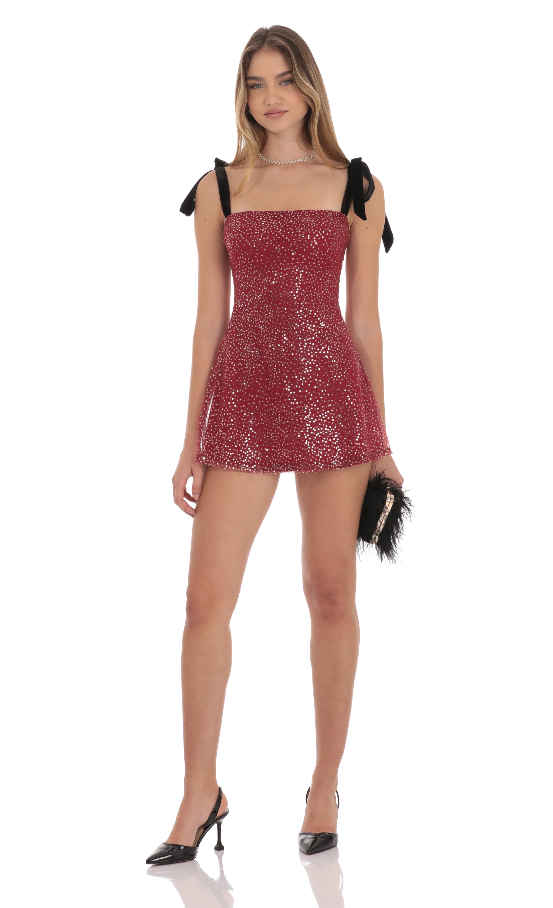 Sequin Velvet Strap Dress in Burgundy