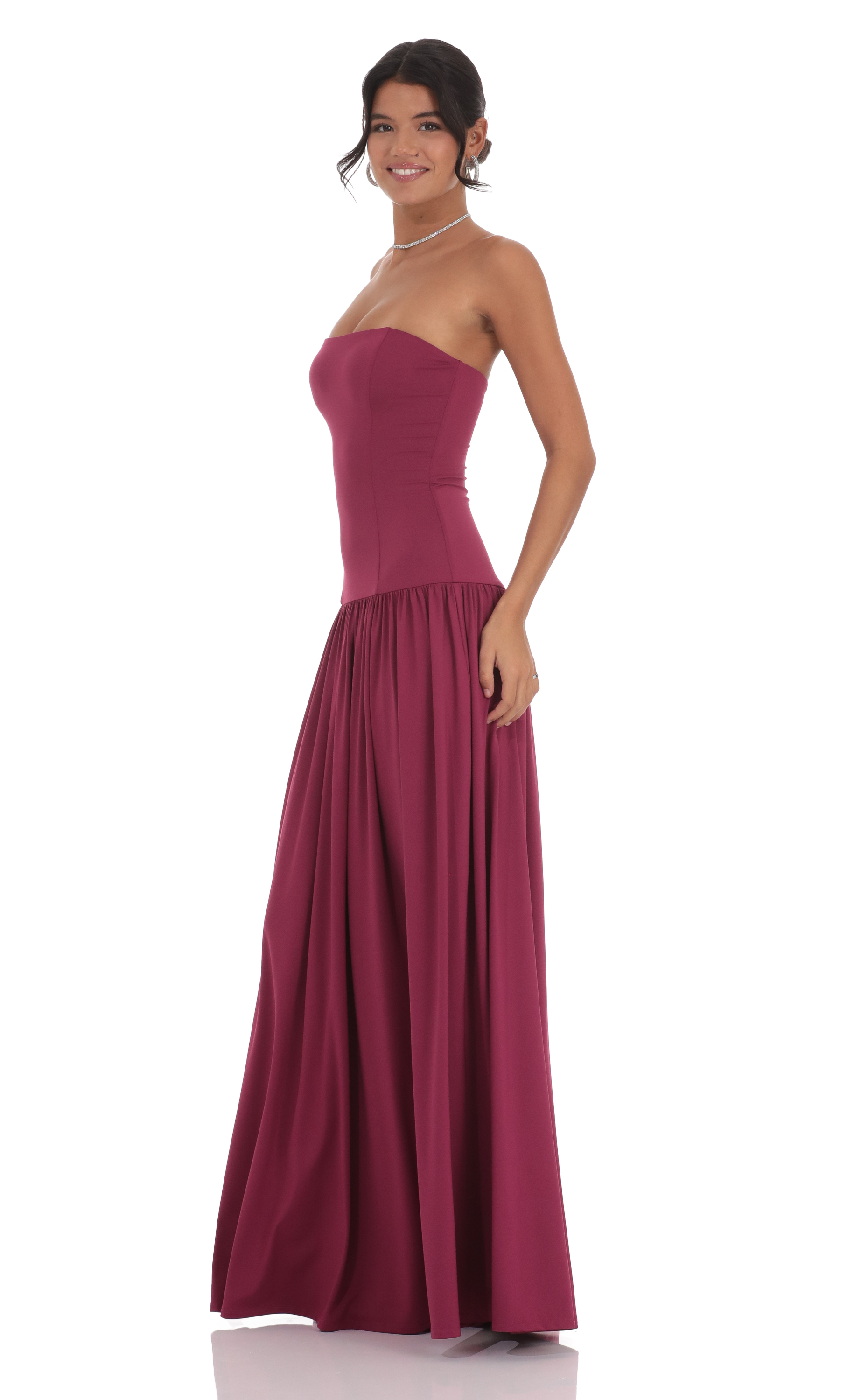 Strapless Drop Waist Maxi Dress in Magenta | LUCY IN THE SKY