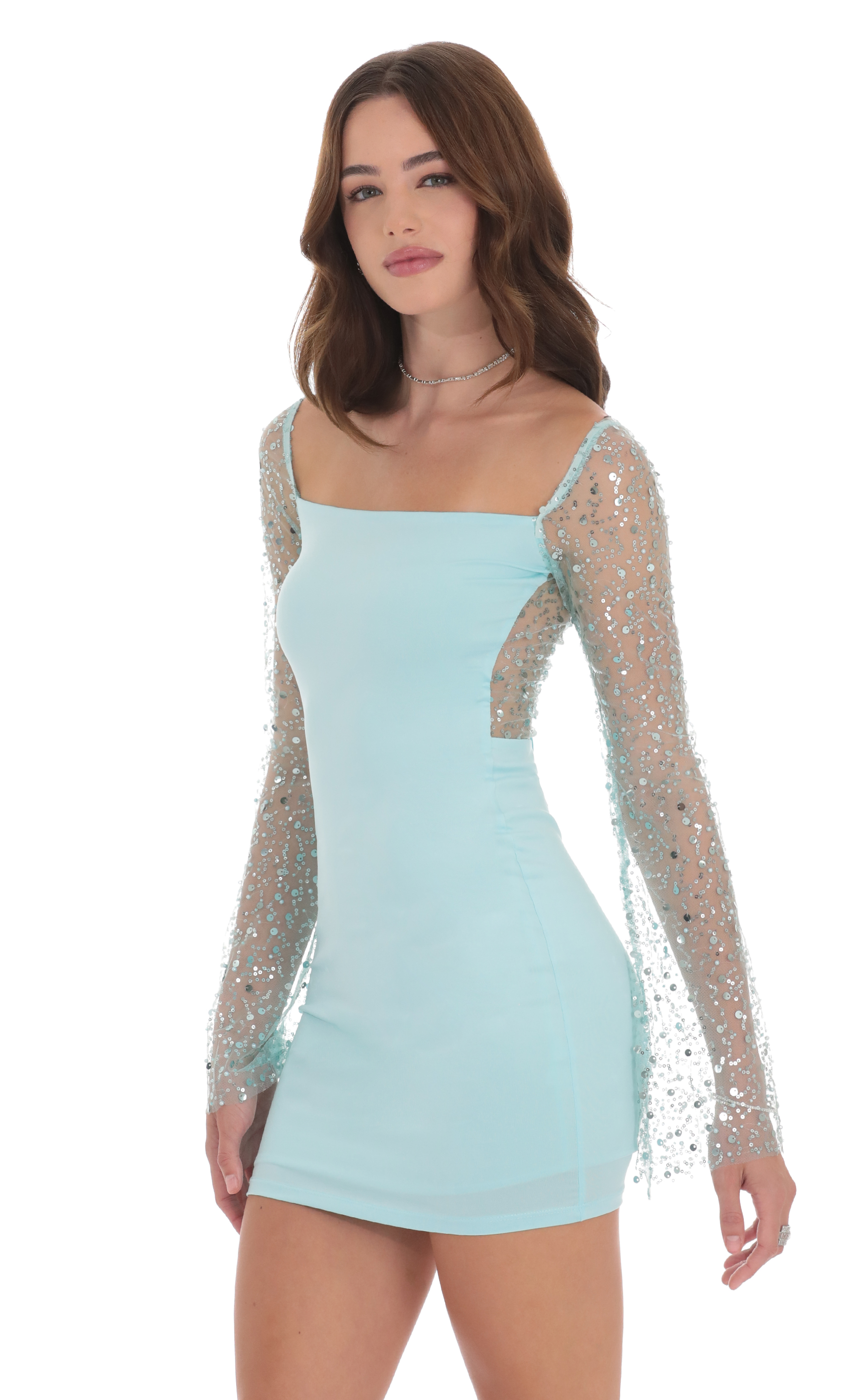 Sequin Long Sleeve Dress in Sky Blue