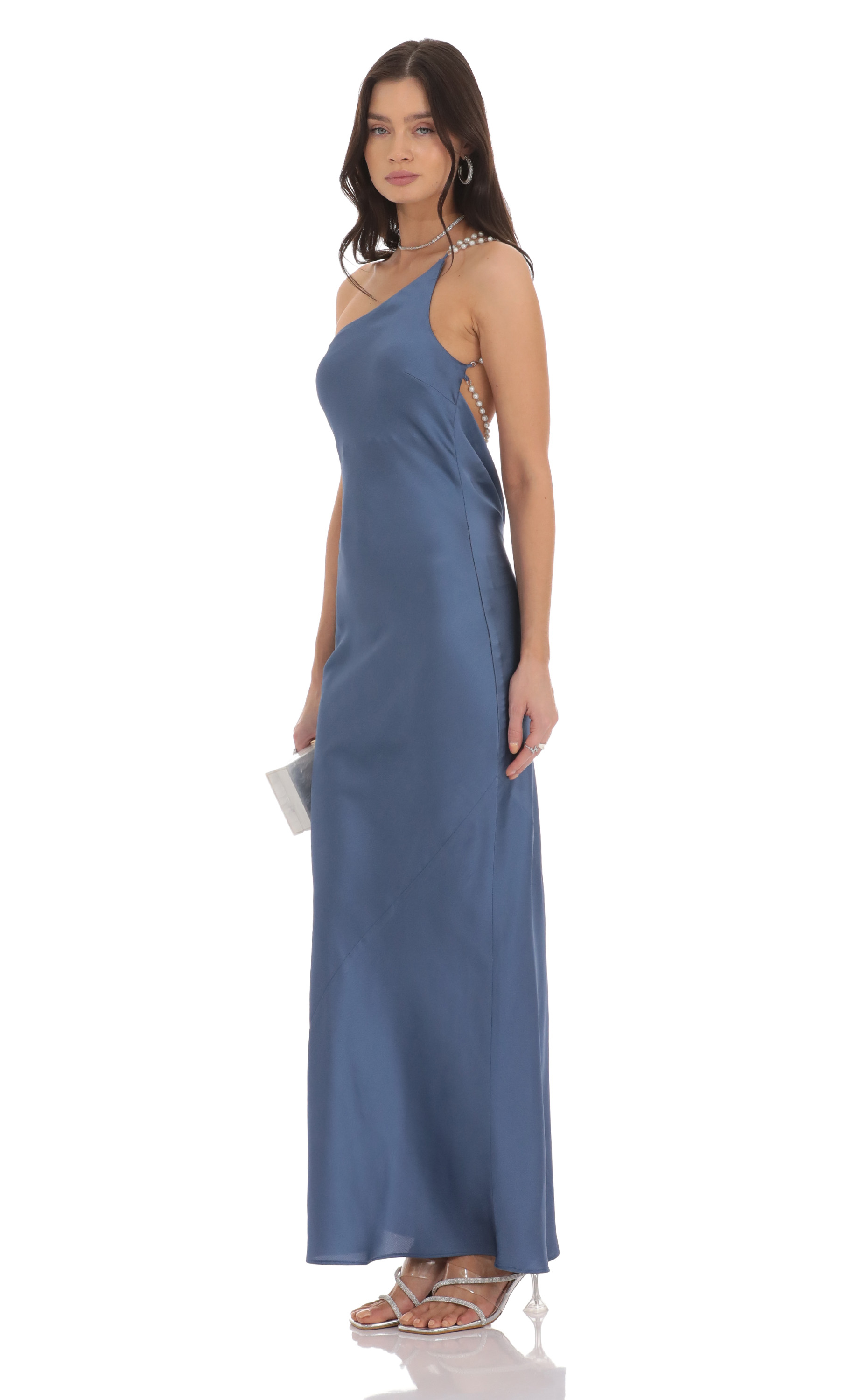 One Shoulder Pearl Satin Maxi Dress in Slate Blue | LUCY IN THE SKY