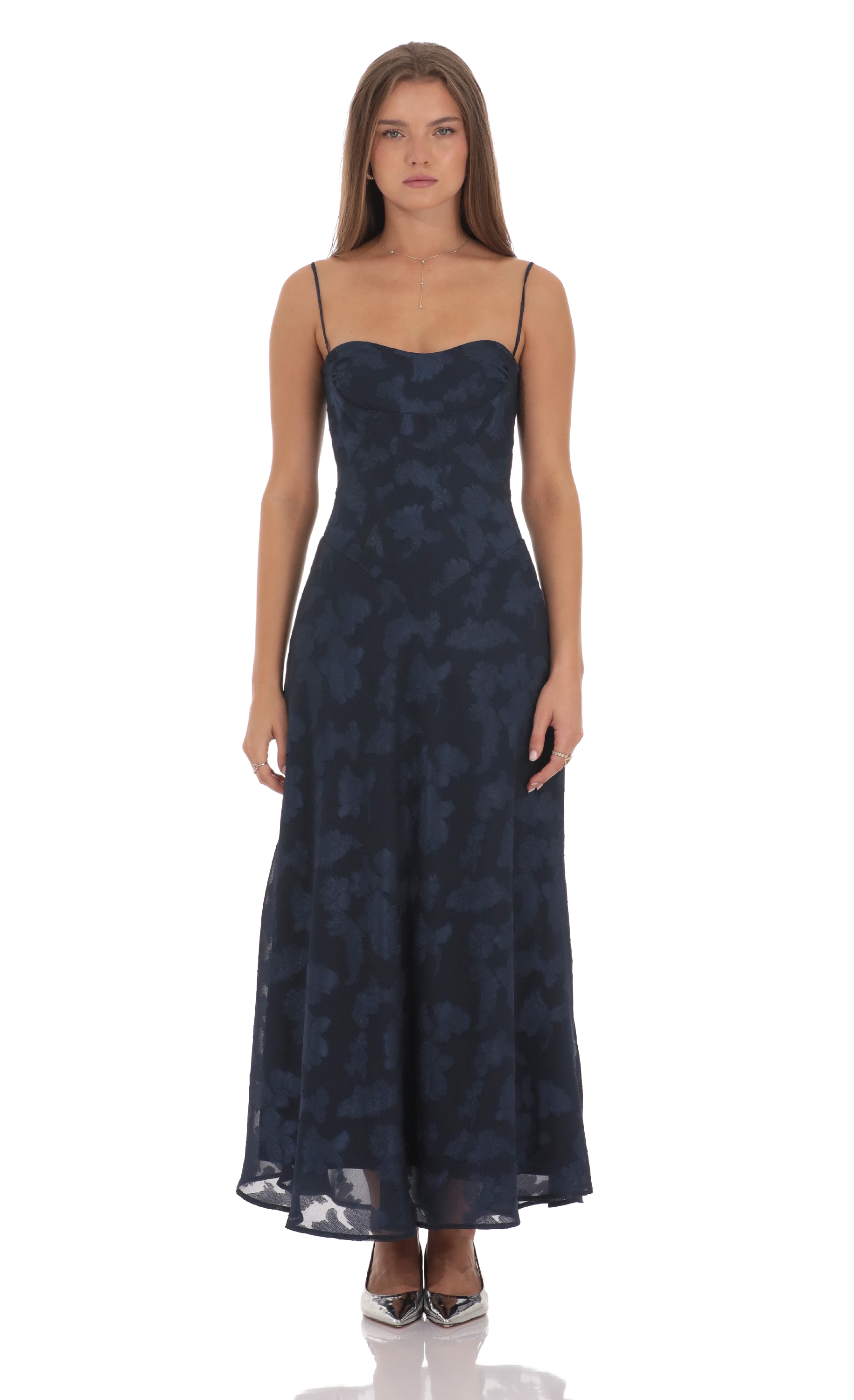 Textured Floral Maxi Dress in Navy