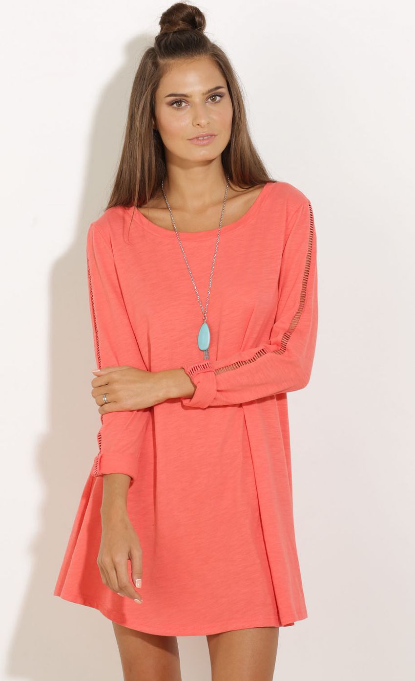 Picture Long Sleeve Day Dress in Coral. Source: https://media-img.lucyinthesky.com/data/Sep15_1/850xAUTO/0Y5A7143.JPG