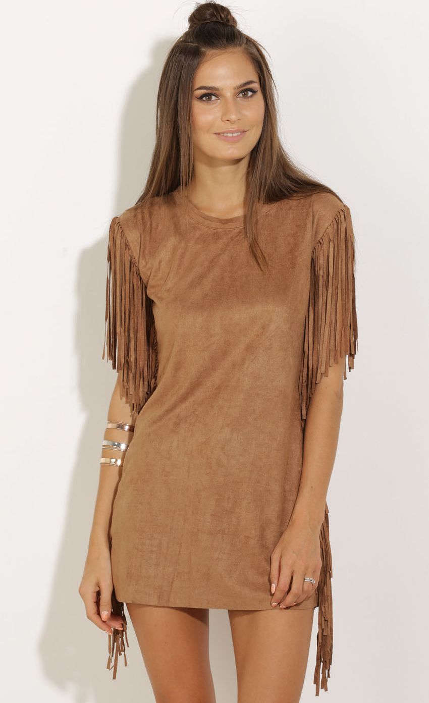 Picture Suede Fringe Dress In Tan. Source: https://media-img.lucyinthesky.com/data/Sep15_2/850xAUTO/0Y5A0079.JPG