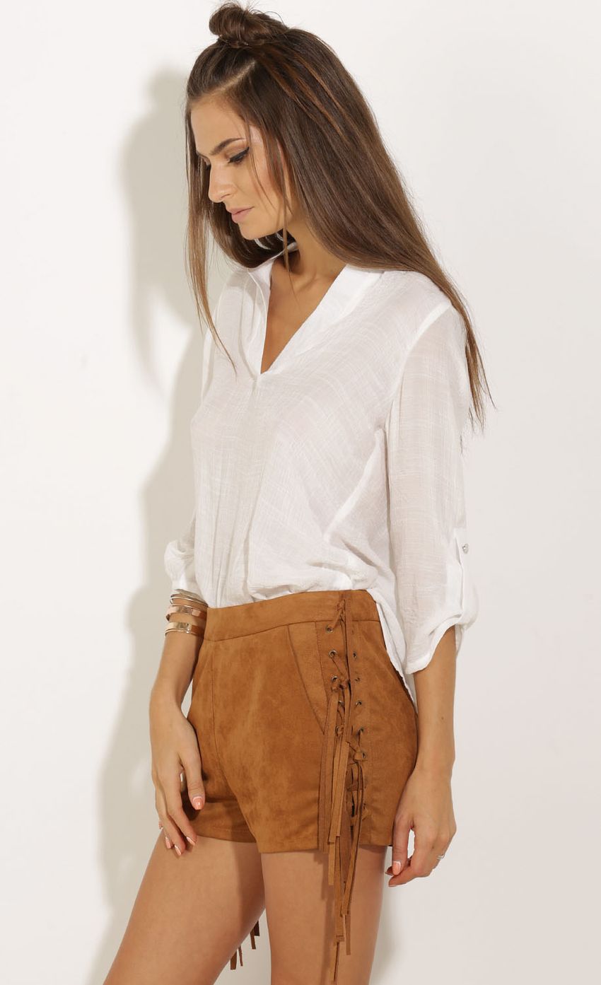 Picture Suede Fringe Shorts In Tan. Source: https://media-img.lucyinthesky.com/data/Sep15_2/850xAUTO/0Y5A0528.JPG