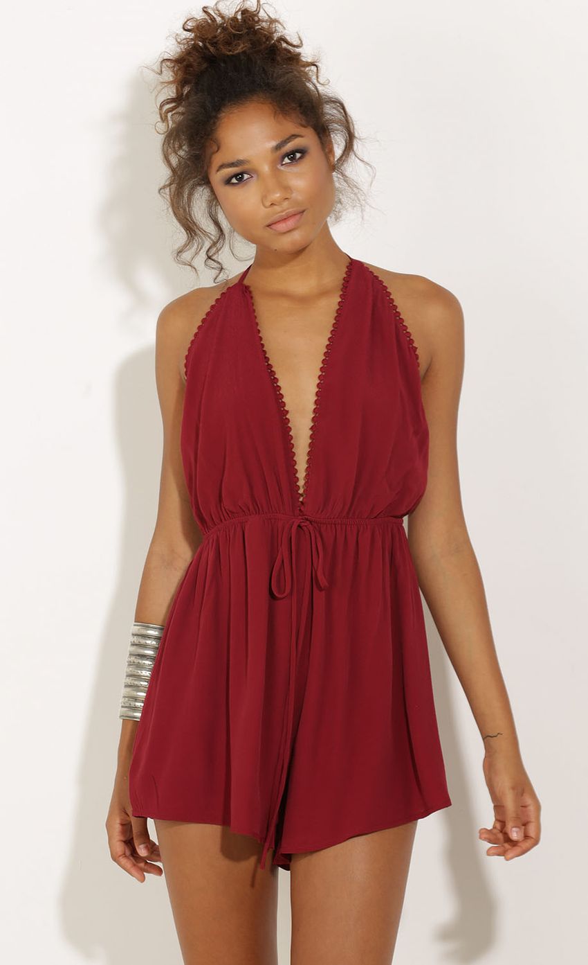 Picture Tie Back Halter Playsuit In Wine. Source: https://media-img.lucyinthesky.com/data/Sep15_2/850xAUTO/0Y5A4966.JPG
