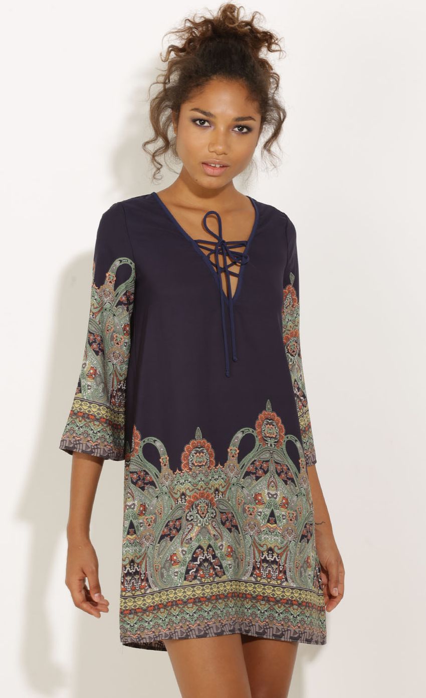 Picture Bohemian Lace-Up Shift Dress In Navy. Source: https://media-img.lucyinthesky.com/data/Sep15_2/850xAUTO/0Y5A5432.JPG