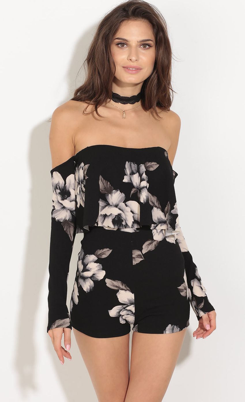 Picture Textured Floral Print Romper In Black. Source: https://media-img.lucyinthesky.com/data/Sep16_1/850xAUTO/0Y5A0903.JPG