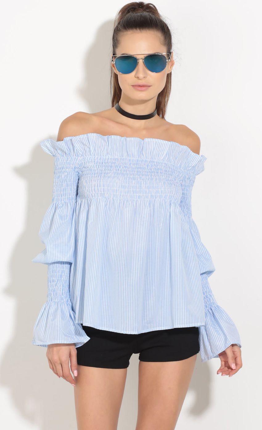Picture Off The Shoulder Top In Blue Stripes. Source: https://media-img.lucyinthesky.com/data/Sep16_1/850xAUTO/0Y5A4390.JPG