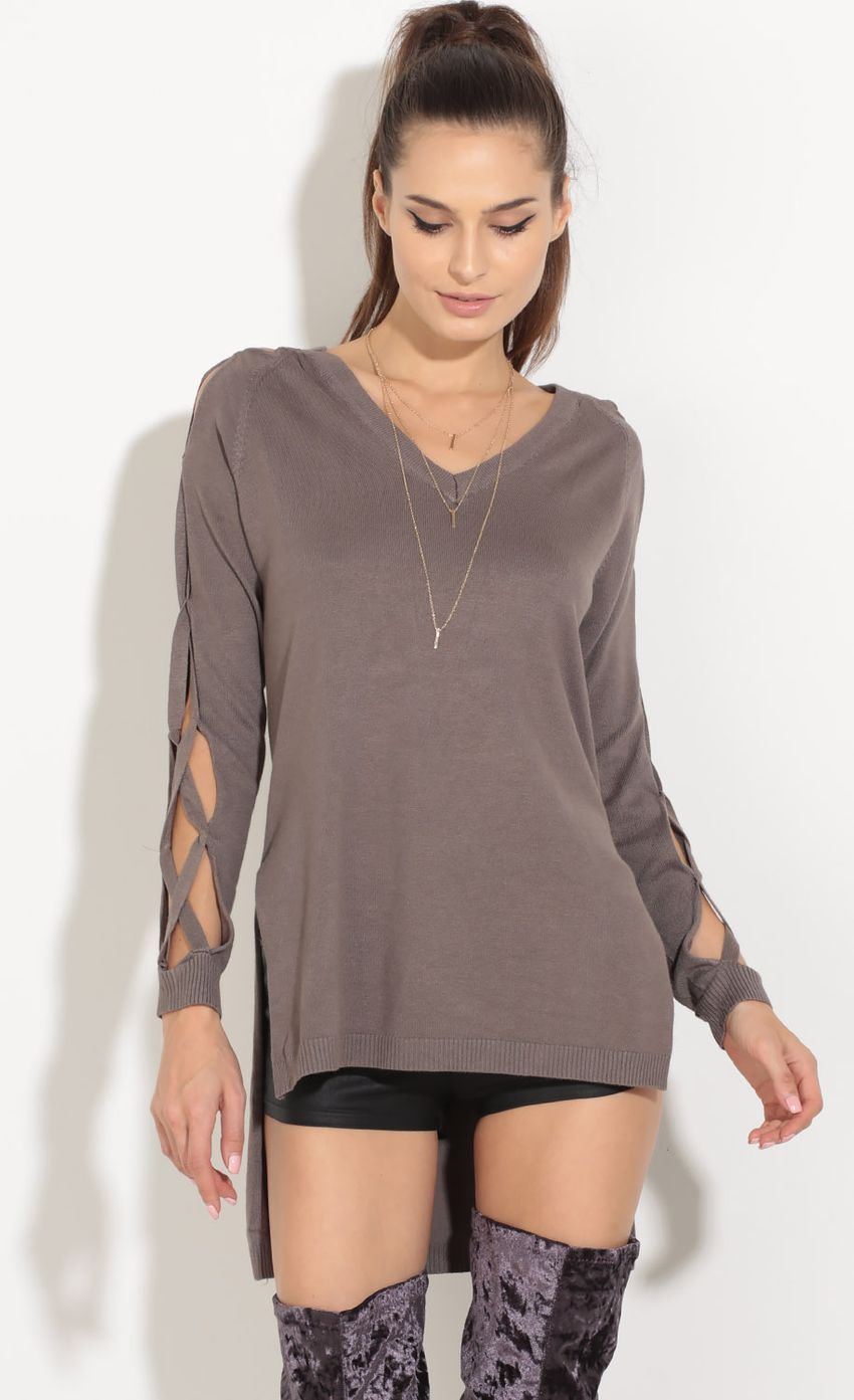 Picture Lace-Up Shoulder Knit Jumper In Taupe. Source: https://media-img.lucyinthesky.com/data/Sep16_1/850xAUTO/0Y5A6156.JPG