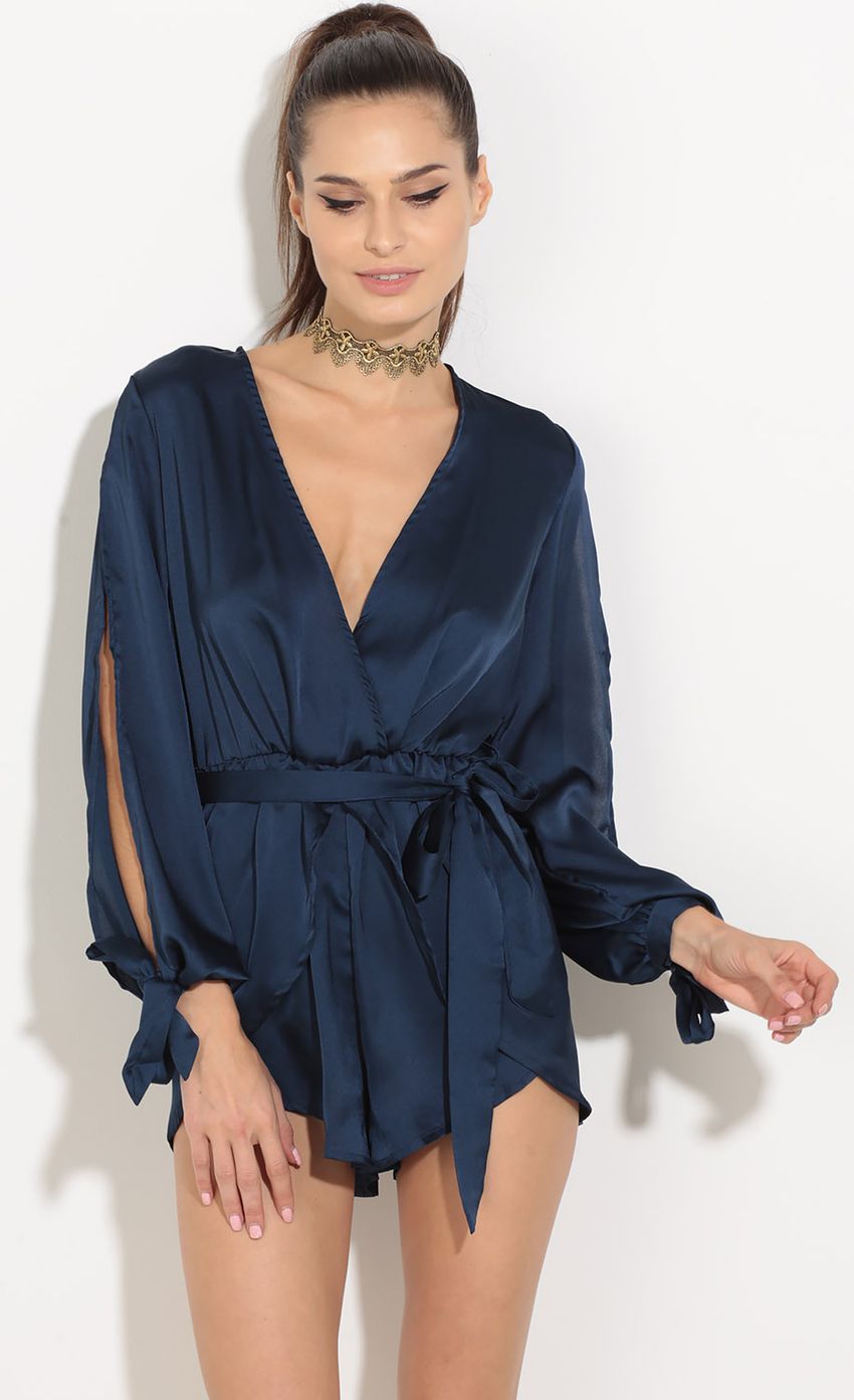 Picture Plunge Satin Romper In Navy Blue. Source: https://media-img.lucyinthesky.com/data/Sep16_1/850xAUTO/0Y5A7141.JPG