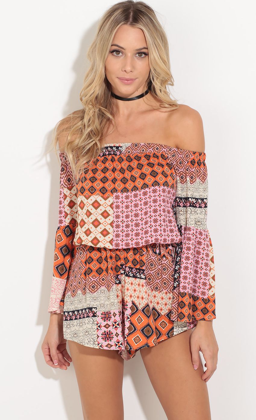 Picture Pattern Patchwork Romper In Tangerine. Source: https://media-img.lucyinthesky.com/data/Sep16_1/850xAUTO/0Y5A9239.JPG