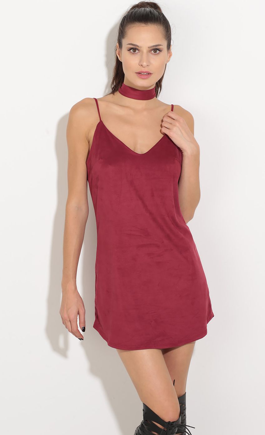 Picture High Neck Suede Shift Dress In Cranberry. Source: https://media-img.lucyinthesky.com/data/Sep16_2/850xAUTO/0Y5A3221.JPG