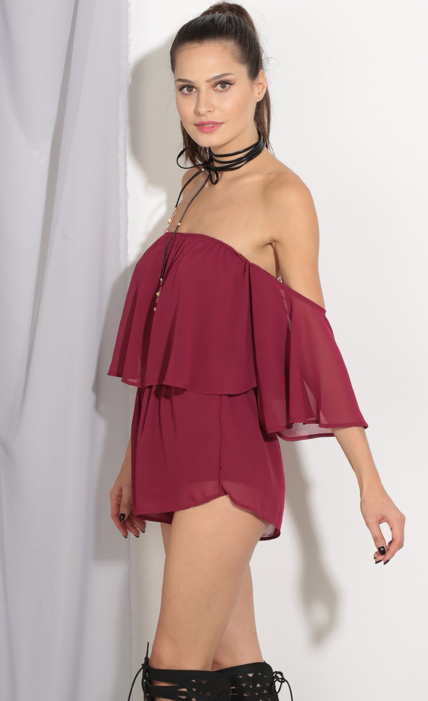 Picture Off The Shoulder Romper In Wine. Source: https://media-img.lucyinthesky.com/data/Sep16_2/850xAUTO/0Y5A4072.JPG