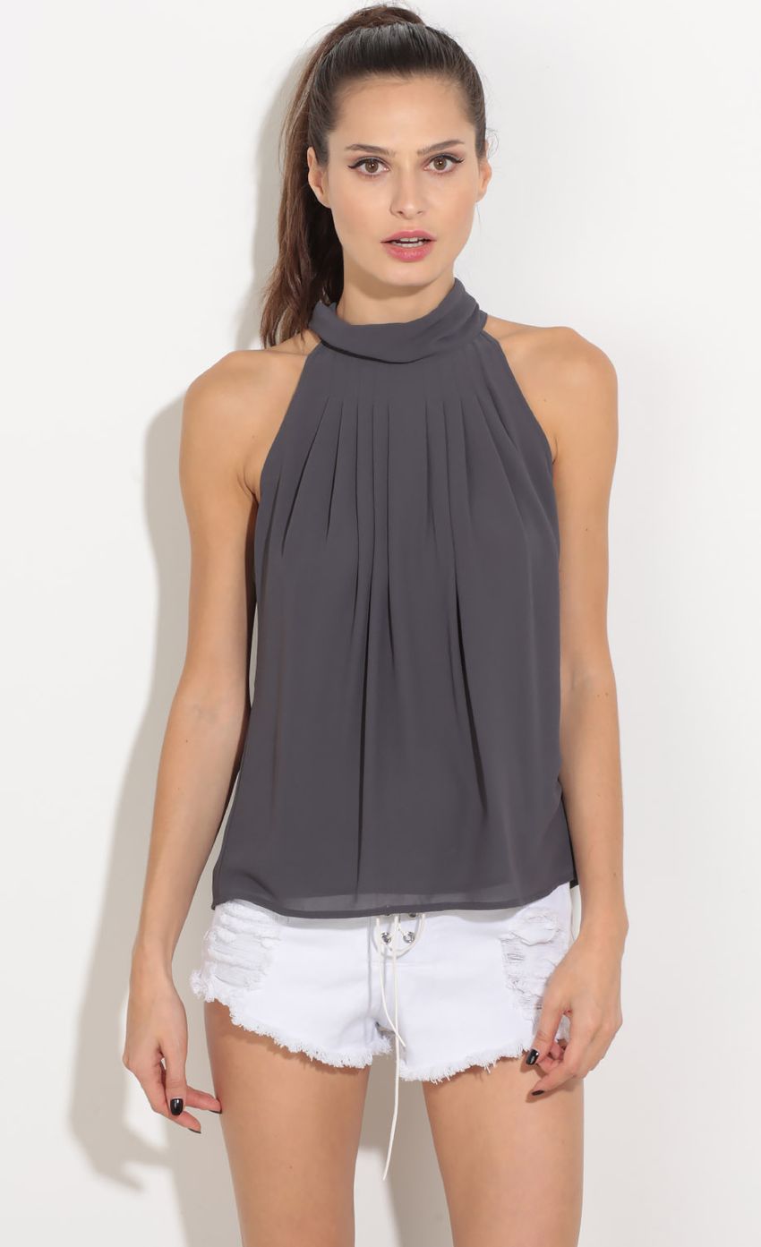 Picture Pleated High Neck Top In Charcoal. Source: https://media-img.lucyinthesky.com/data/Sep16_2/850xAUTO/0Y5A4310.JPG
