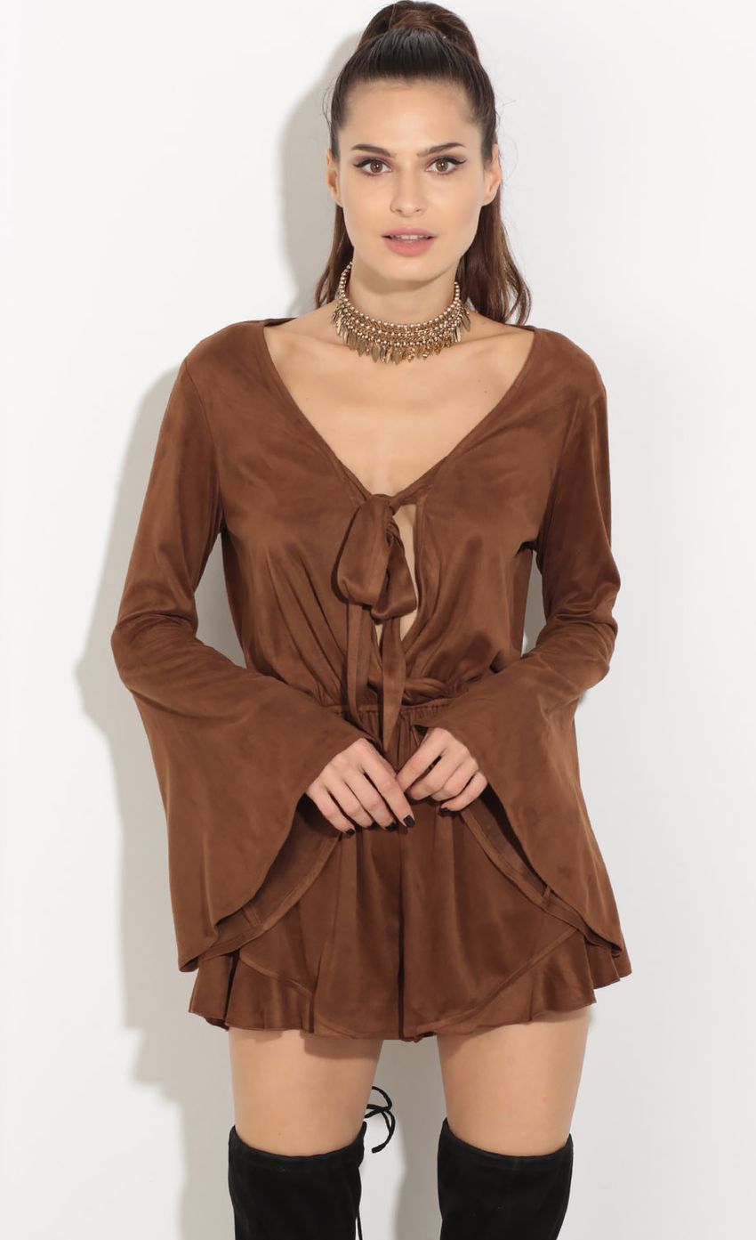 Picture Bell Sleeve Suede Romper In Brown. Source: https://media-img.lucyinthesky.com/data/Sep16_2/850xAUTO/0Y5A8874.JPG