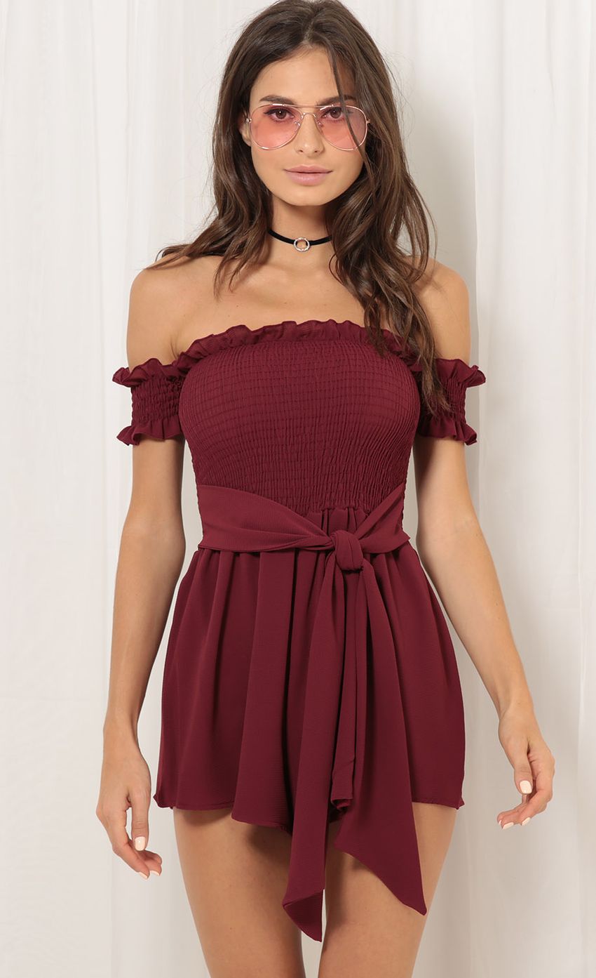 Picture Off The Shoulder Romper In Burgundy. Source: https://media-img.lucyinthesky.com/data/Sep17_1/850xAUTO/0Y5A9790.JPG