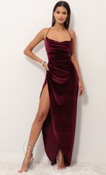 Picture Shimmer Asymmetrical Maxi Dress in Red. Source: https://media-img.lucyinthesky.com/data/Sep18_2/150xAUTO/0Y5A0955S.JPG