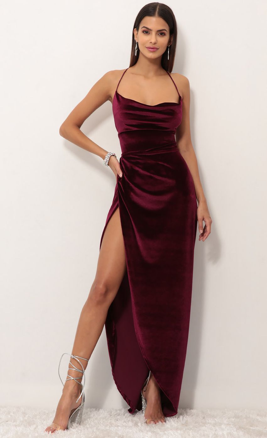 Picture Velvet Maxi Dress in Wine. Source: https://media-img.lucyinthesky.com/data/Sep18_2/850xAUTO/0Y5A0955S.JPG