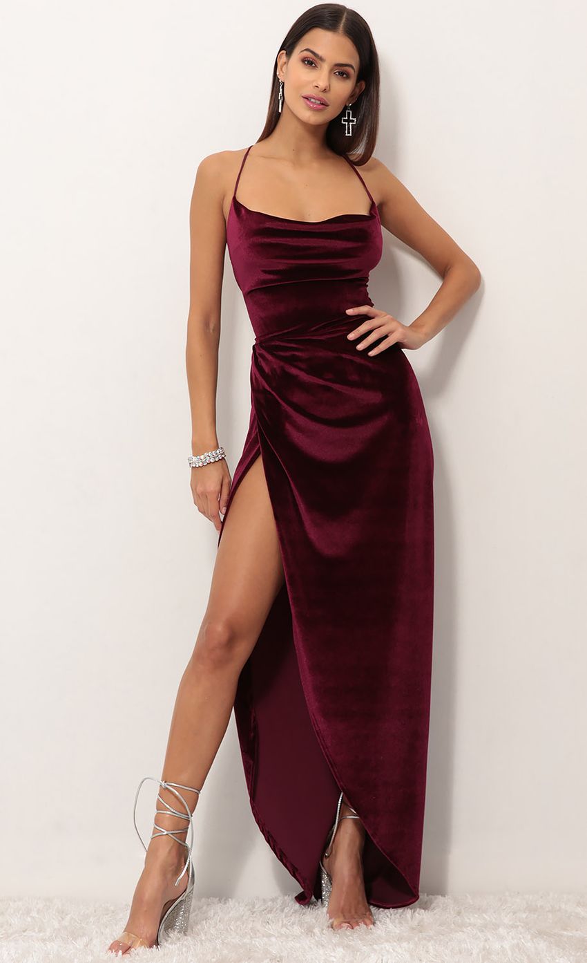 Picture Velvet Maxi Dress in Wine. Source: https://media-img.lucyinthesky.com/data/Sep18_2/850xAUTO/0Y5A0958.JPG