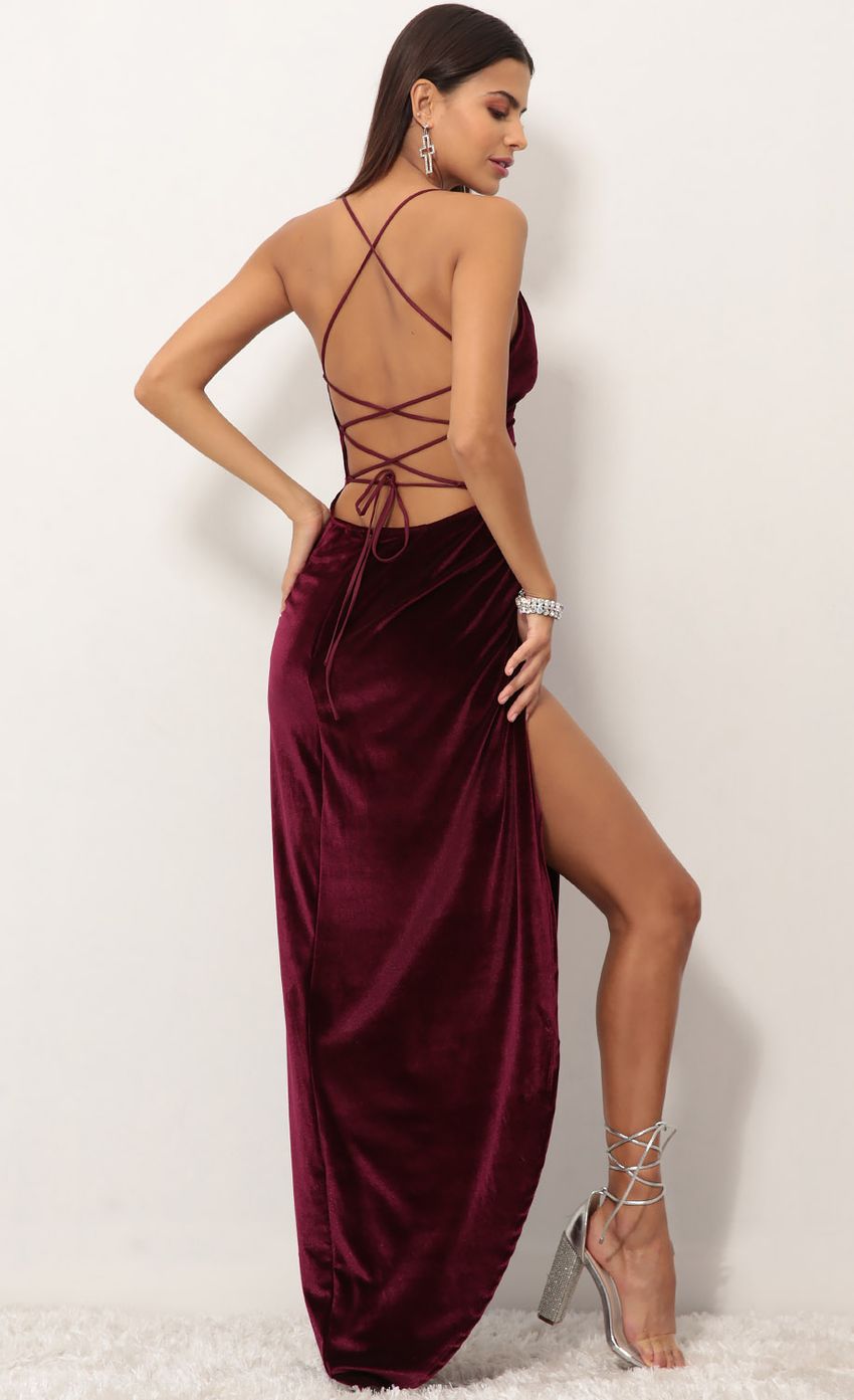 Picture Velvet Maxi Dress in Wine. Source: https://media-img.lucyinthesky.com/data/Sep18_2/850xAUTO/0Y5A0992.JPG