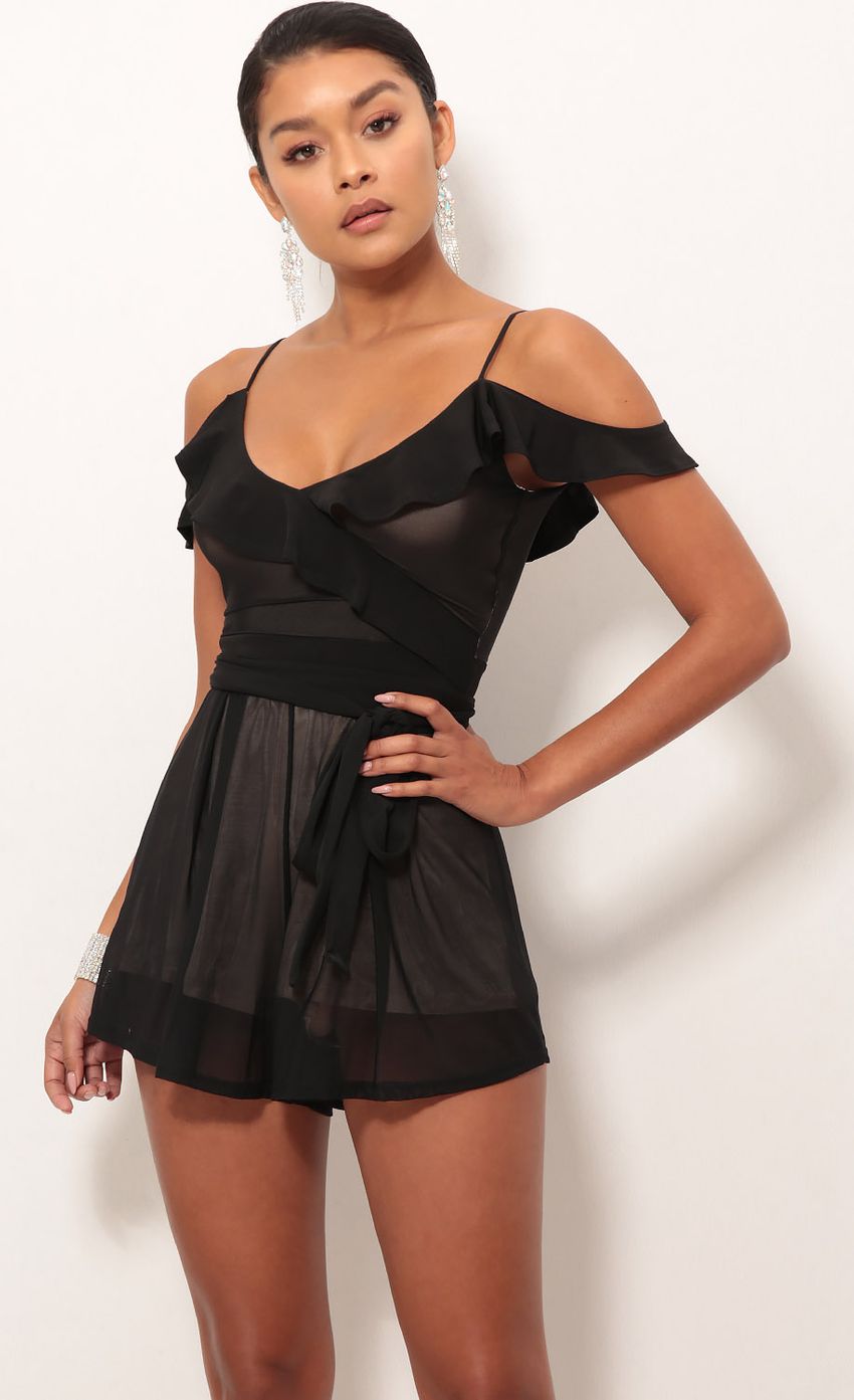 Picture Isabella Ruffle Romper In Black Mesh. Source: https://media-img.lucyinthesky.com/data/Sep18_2/850xAUTO/0Y5A7097SS.JPG