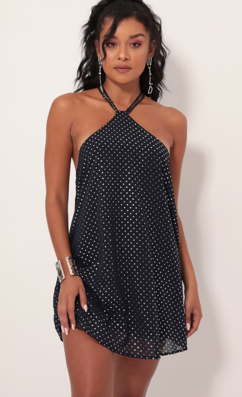 Picture Maya Silver Studded Halter Chiffon Dress in Navy. Source: https://media-img.lucyinthesky.com/data/Sep19_1/850xAUTO/781A1034.JPG