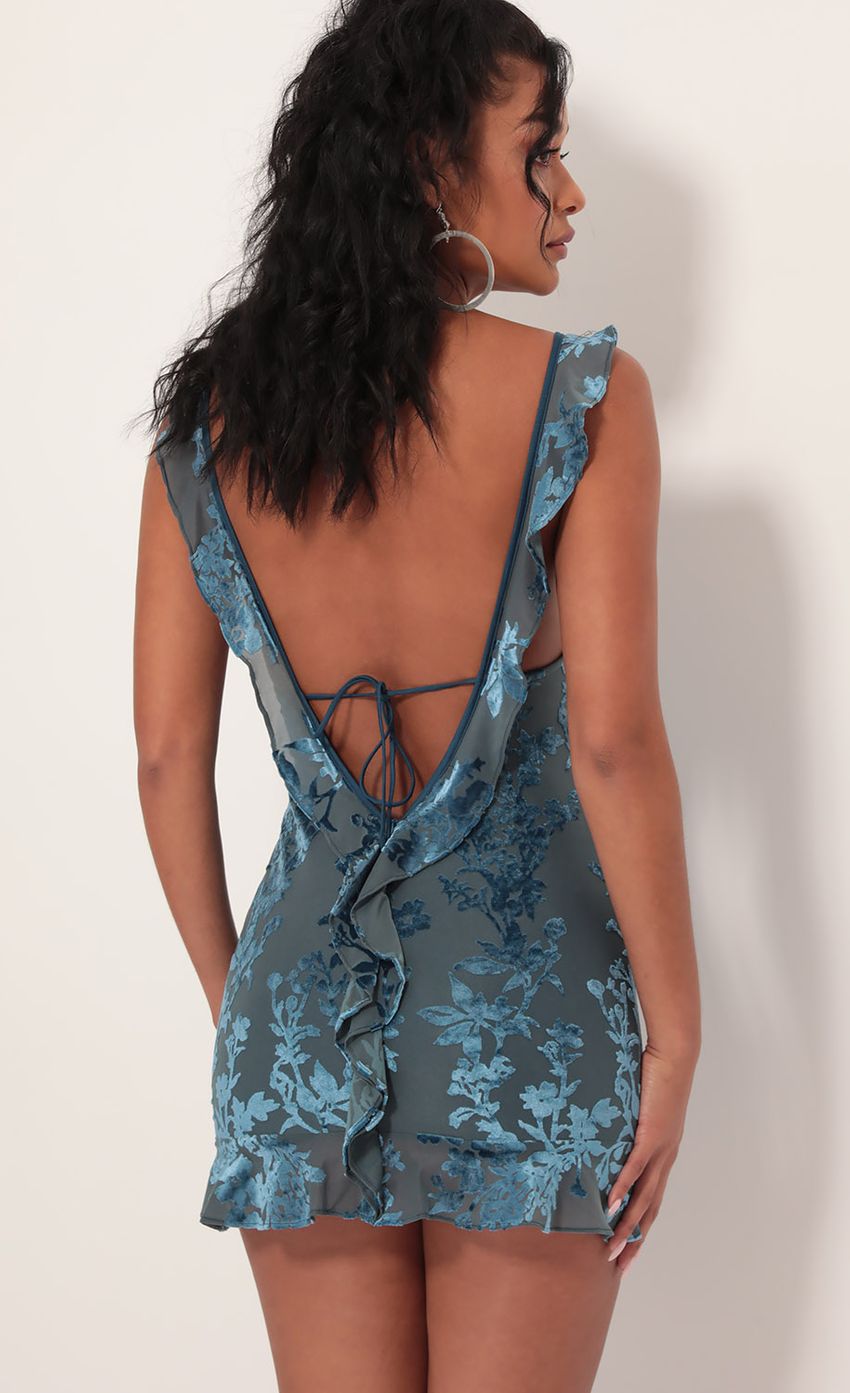 Picture Cindy Floral Burnout Velvet Frill Dress in Teal. Source: https://media-img.lucyinthesky.com/data/Sep19_1/850xAUTO/781A1274.JPG