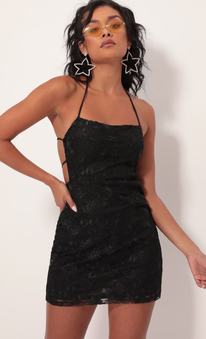 Picture Sparkly Embroidered Lace Dress in Black. Source: https://media-img.lucyinthesky.com/data/Sep19_1/850xAUTO/781A1997.JPG