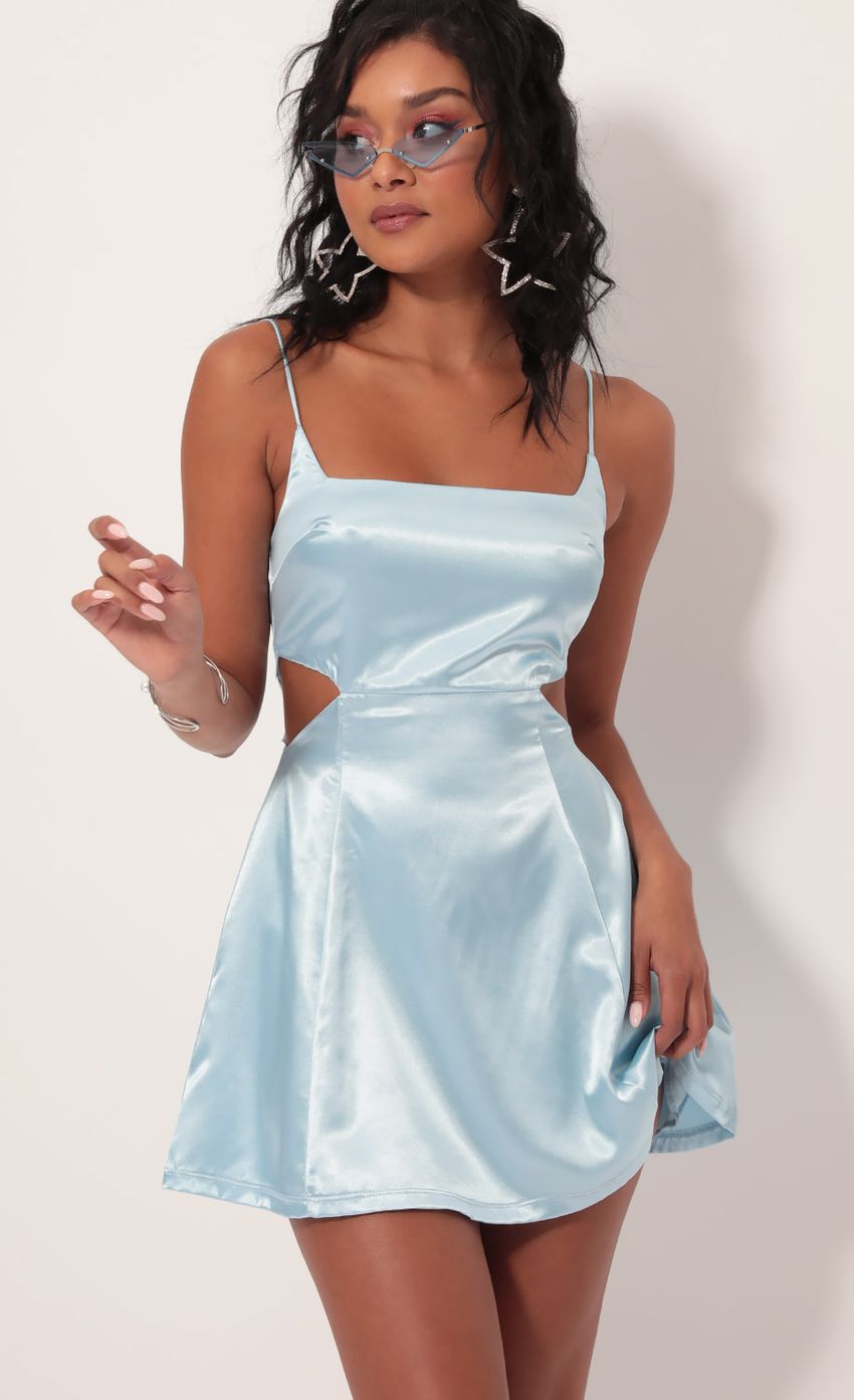 Picture Alani Satin Diamond Cutout Dress in Light Blue. Source: https://media-img.lucyinthesky.com/data/Sep19_1/850xAUTO/781A2137.JPG
