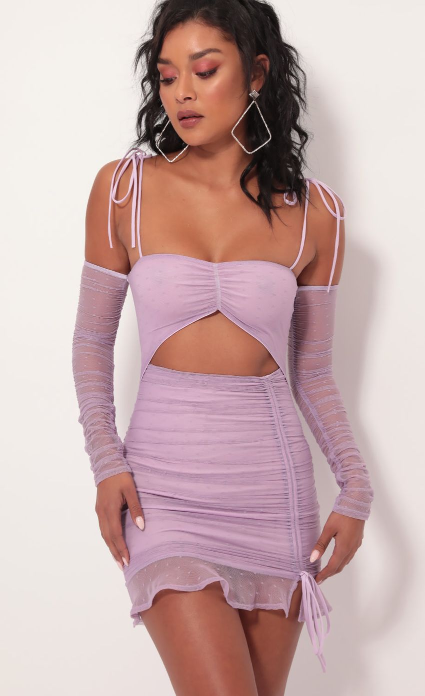 Picture Polka Dot Mesh Cutout Dress in Lilac. Source: https://media-img.lucyinthesky.com/data/Sep19_1/850xAUTO/781A2771.JPG