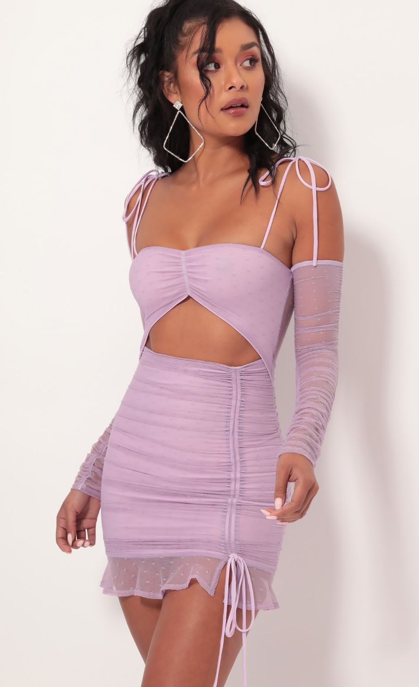 Picture Polka Dot Mesh Cutout Dress in Lilac. Source: https://media-img.lucyinthesky.com/data/Sep19_1/850xAUTO/781A2778.JPG