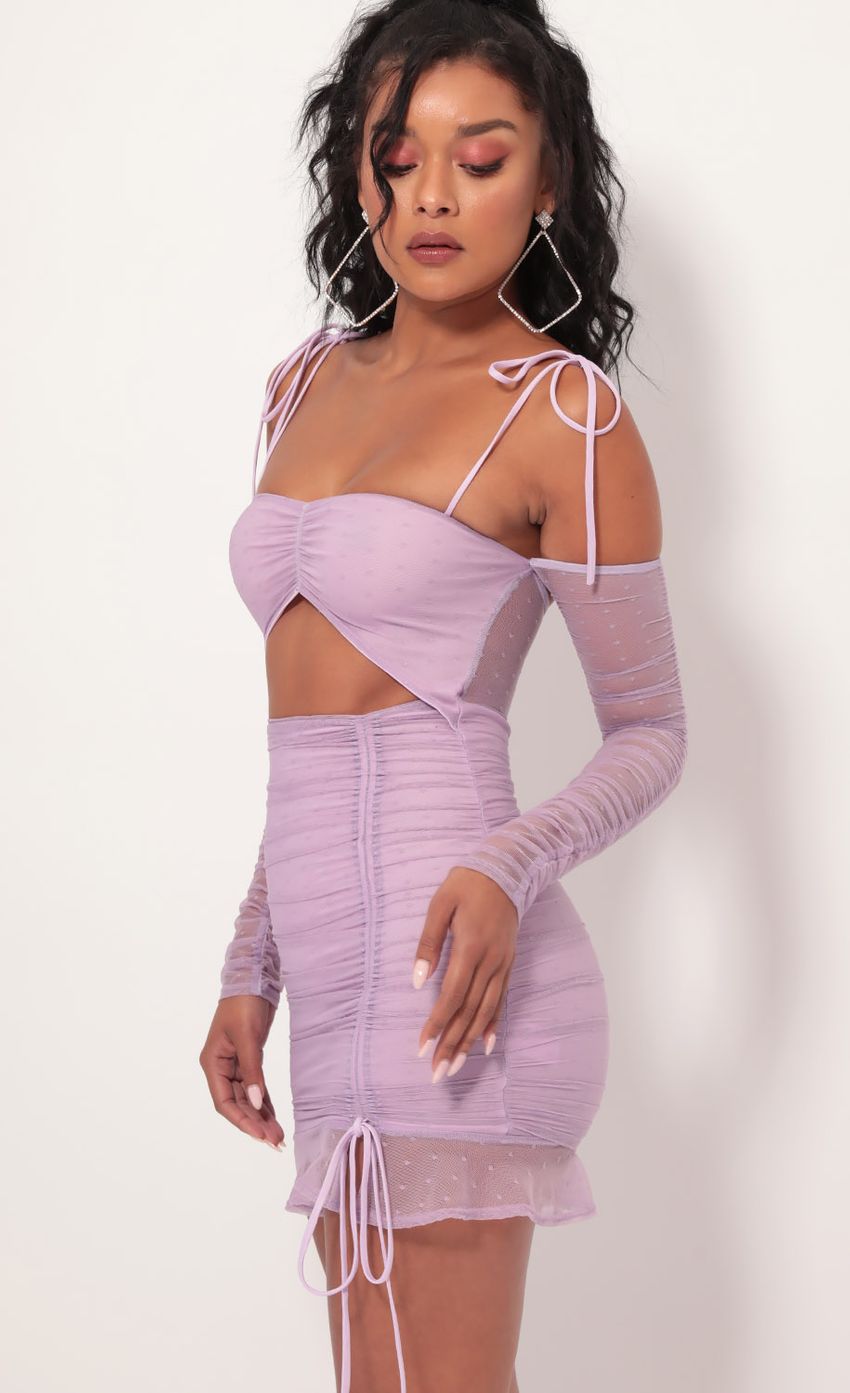 Picture Polka Dot Mesh Cutout Dress in Lilac. Source: https://media-img.lucyinthesky.com/data/Sep19_1/850xAUTO/781A2786.JPG