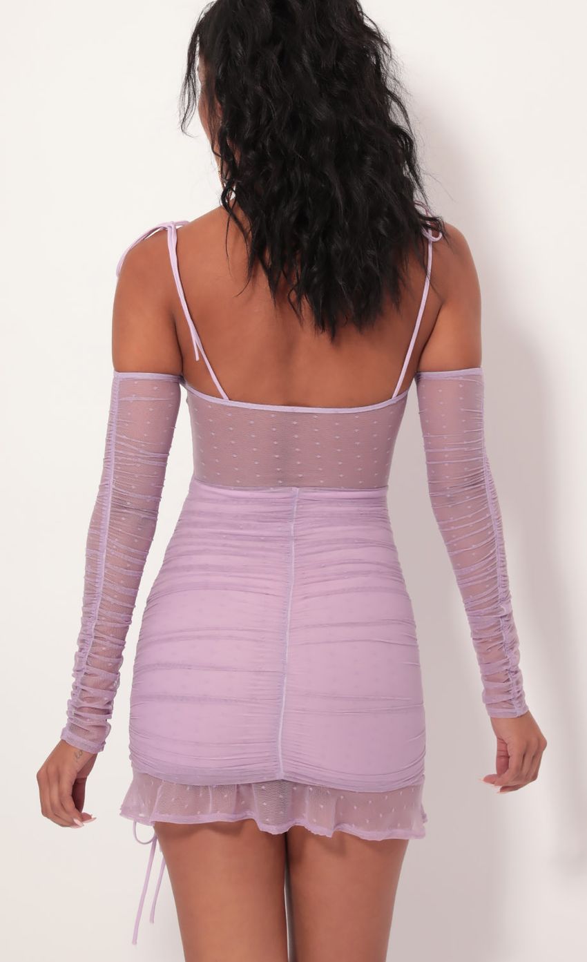 Picture Polka Dot Mesh Cutout Dress in Lilac. Source: https://media-img.lucyinthesky.com/data/Sep19_1/850xAUTO/781A2797.JPG