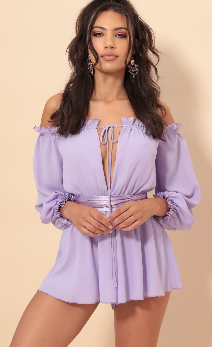 Picture Vallarta Off The Shoulder Romper in Lavender. Source: https://media-img.lucyinthesky.com/data/Sep19_1/850xAUTO/781A8747.JPG