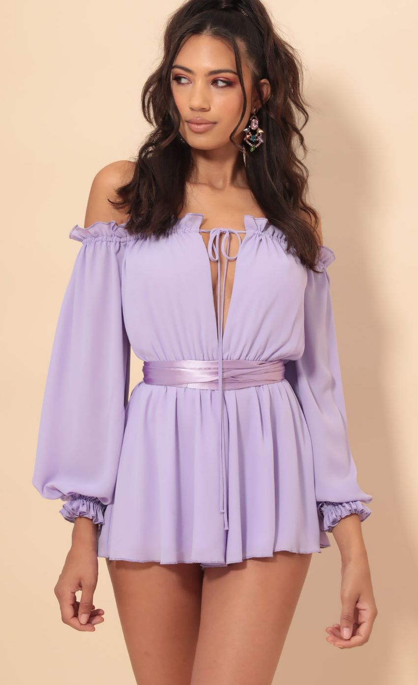 Picture Vallarta Off The Shoulder Romper in Lavender. Source: https://media-img.lucyinthesky.com/data/Sep19_1/850xAUTO/781A8751.JPG