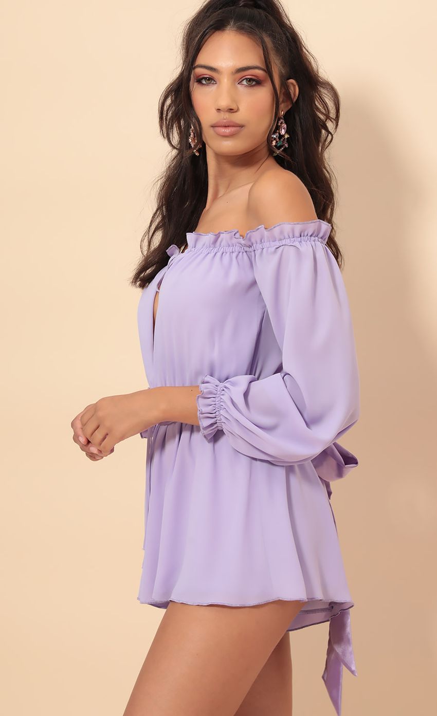 Picture Vallarta Off The Shoulder Romper in Lavender. Source: https://media-img.lucyinthesky.com/data/Sep19_1/850xAUTO/781A8759.JPG